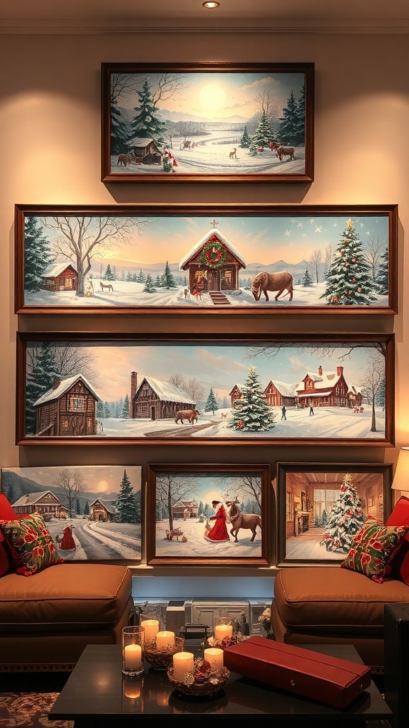 A cozy living room with horizontal Christmas paintings depicting winter scenes and festive decorations.
